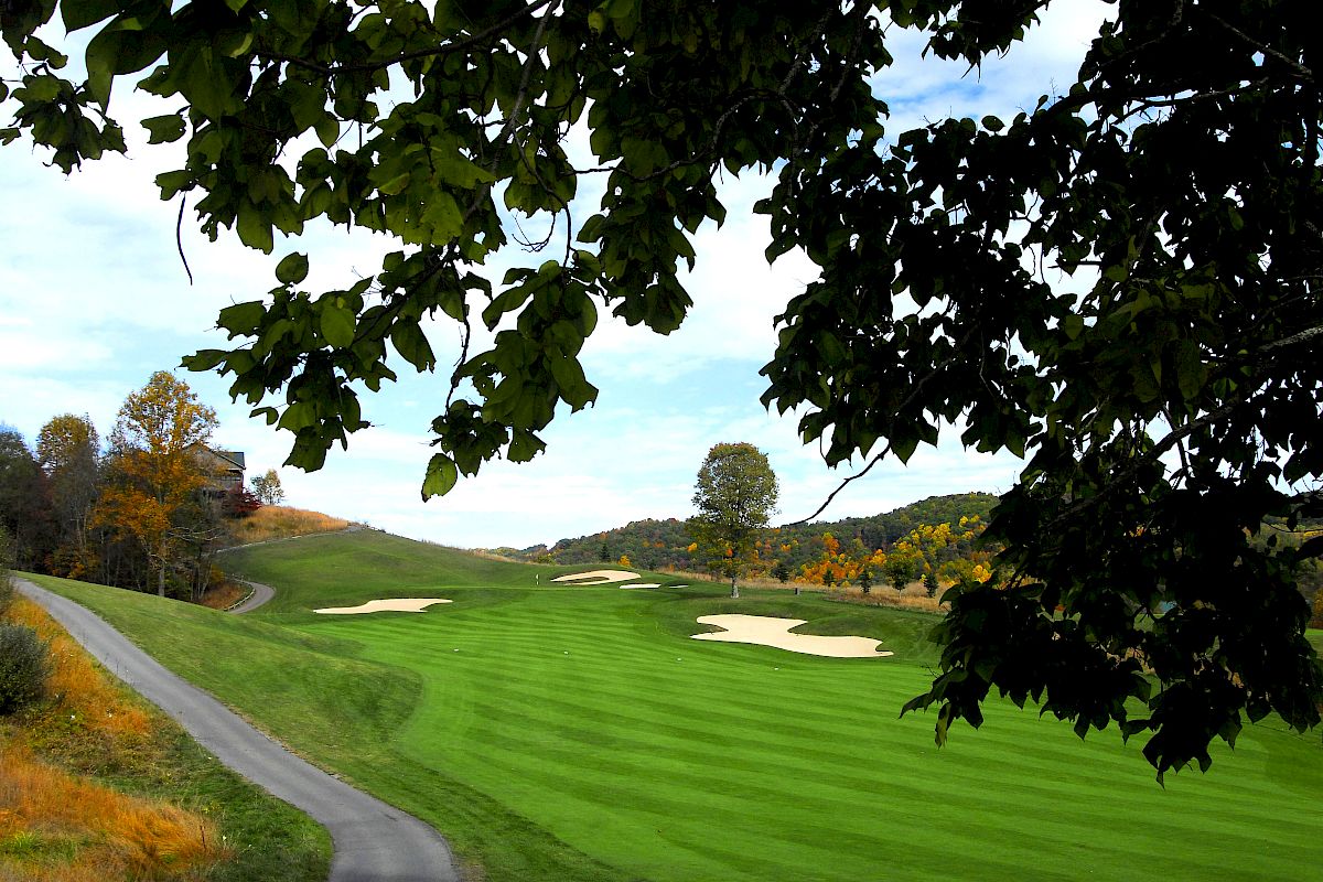 A lush green golf course with sand bunkers, set against a backdrop of hills and trees, viewed through overhanging branches.