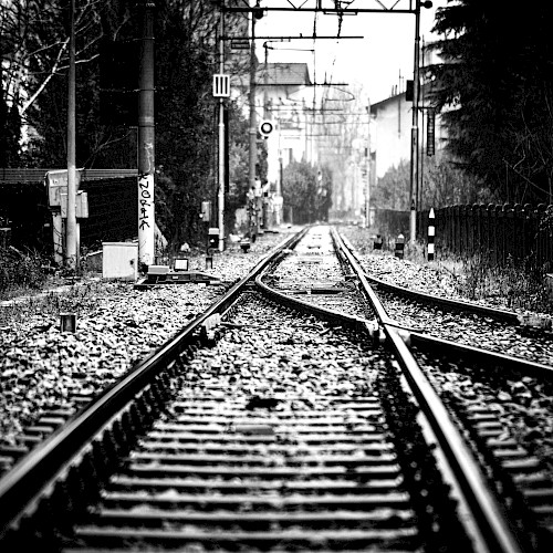 The image shows a black-and-white view of railway tracks with surrounding trees and buildings, and the tracks are converging in the distance.