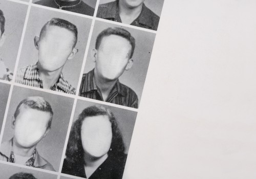 A grid of black-and-white yearbook photos with blurred-out faces, placed diagonally across the image.