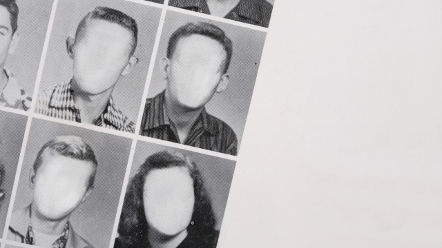 A grid of black-and-white yearbook photos with blurred-out faces, placed diagonally across the image.
