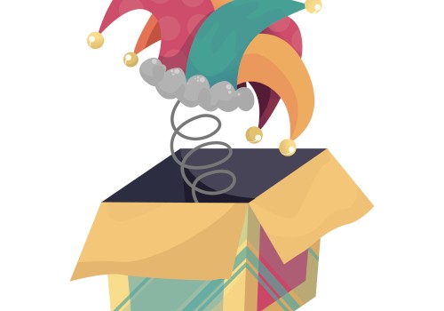 A colorful jack-in-the-box with a jester hat pops out on a spring from a decorative box.