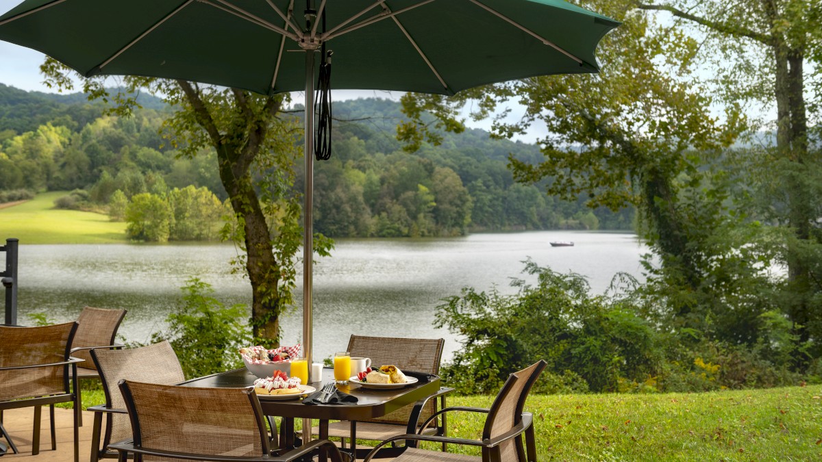 An outdoor dining setup with a table and chairs under a large green umbrella, overlooking a serene lake surrounded by trees and hills.