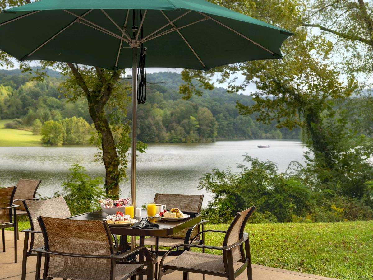 An outdoor dining setup with a table and chairs under a large green umbrella, overlooking a serene lake surrounded by trees and hills.