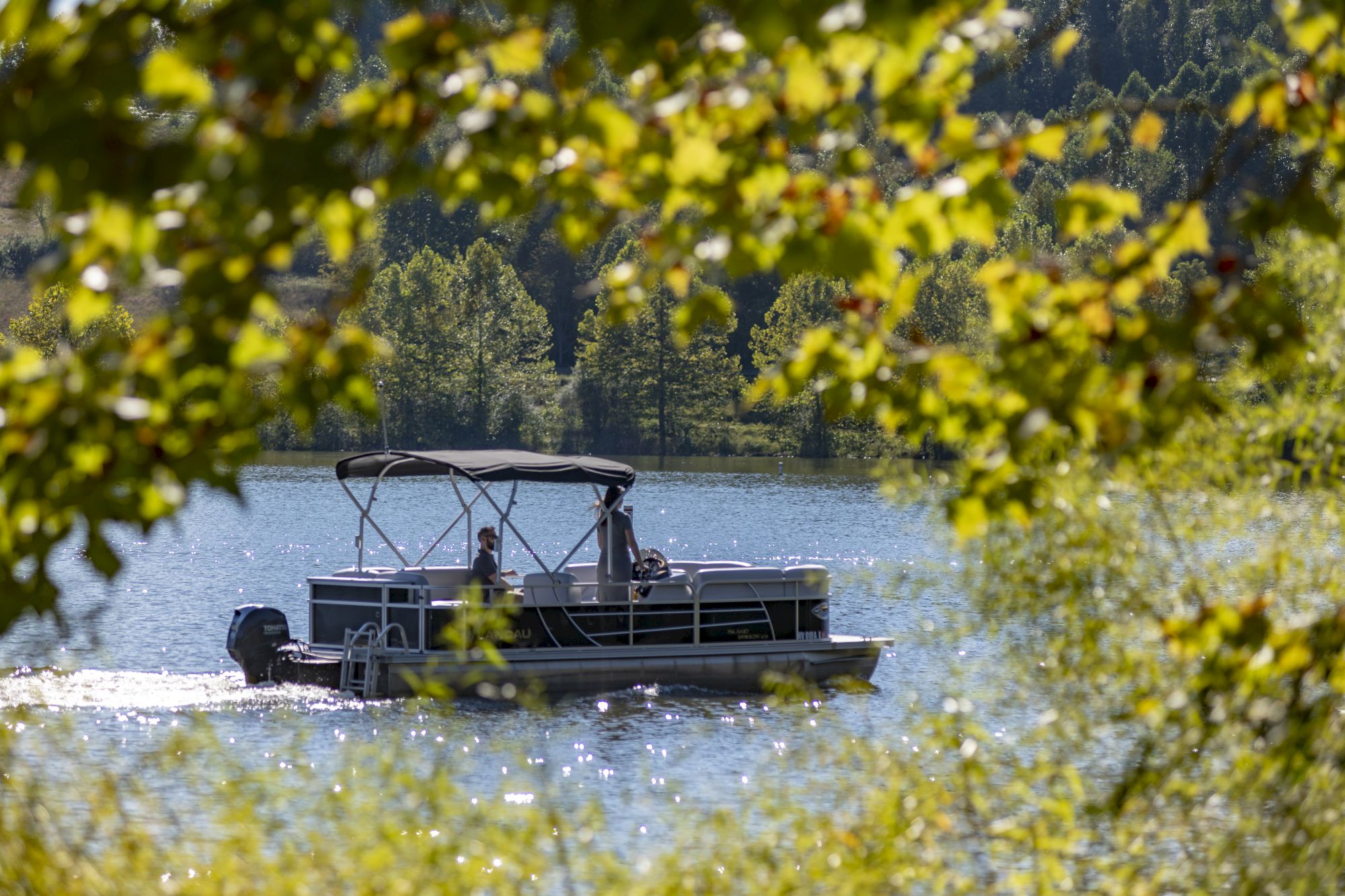 A small boat with people on board is cruising on a lake, surrounded by lush green trees, under bright sunlight.