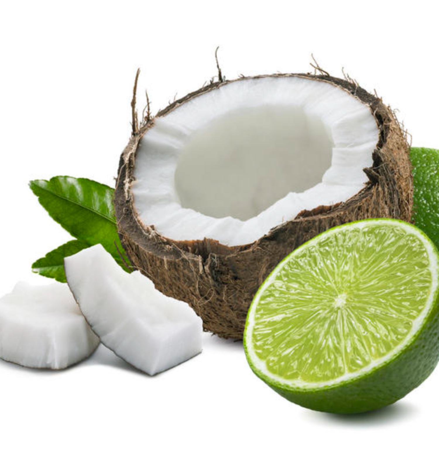Image of a halved coconut, coconut pieces, a halved lime, and lime leaves arranged together.