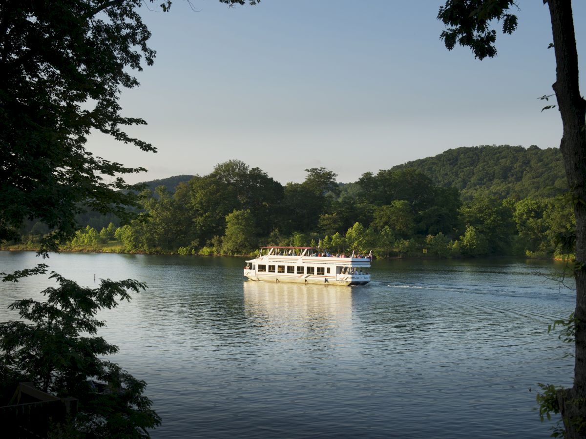 A white boat is cruising on a serene lake surrounded by lush, green trees and hills under a clear sky, framed by tall trees in the foreground.