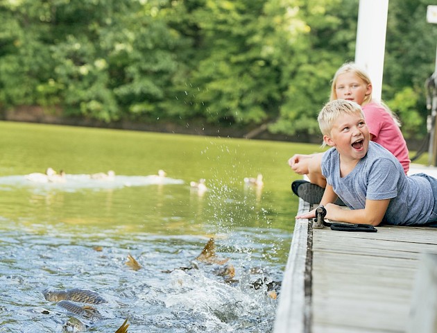 Kids enjoy feeding fish and ducks at a lakeside dock, smiling and splashing water for fun in a peaceful green environment.