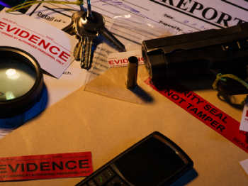 A crime scene investigation setup includes evidence tags, a magnifying glass, a gun, keys, a bullet casing, a report, and a cell phone.