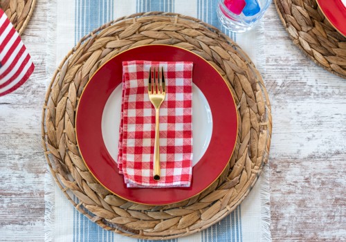 A red-and-white checked napkin with a gold fork is placed on a white plate, set on a red-rimmed charger, with woven placemats and a rustic wooden table.