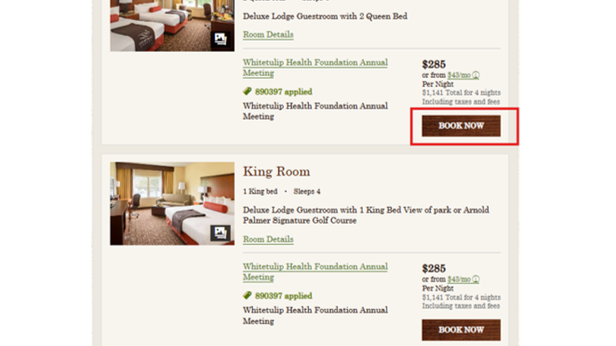 The image shows two hotel rooms, a Double Queen Room and a King Room, both priced at $285 per night with options to book now.