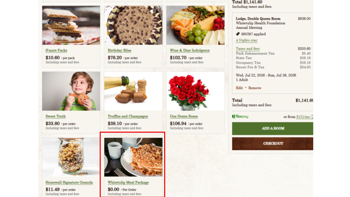 The image shows a restaurant order summary for a one-night stay, including various food and beverage options, with a total cost of $1,441.60.