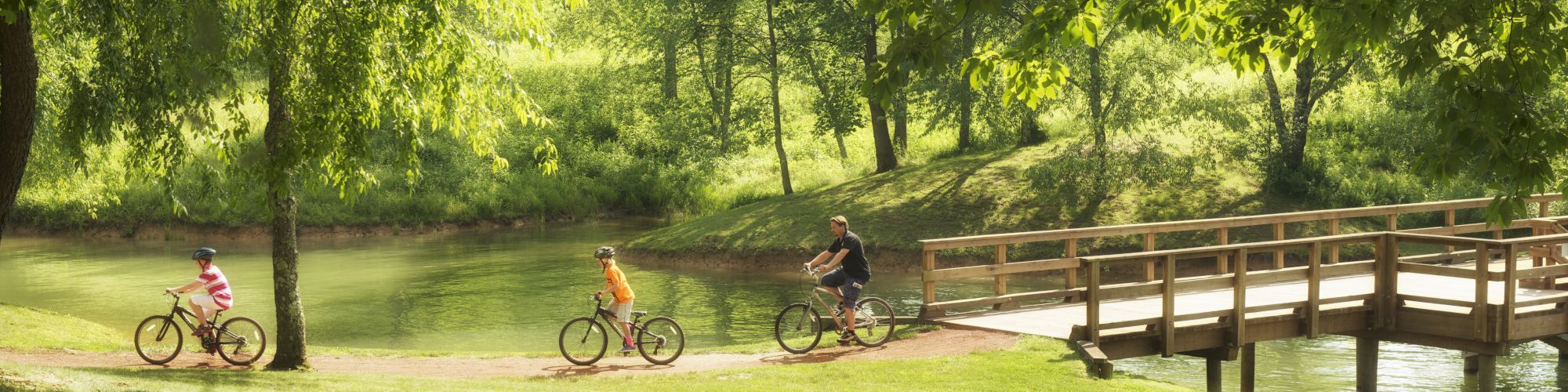 Three people are bicycling on a dirt path through a park with lush greenery and a wooden bridge over water in the background.