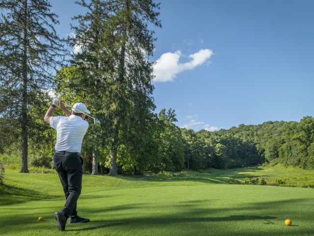 A golfer is in mid-swing on a lush green golf course surrounded by trees, under a clear blue sky with a few clouds.