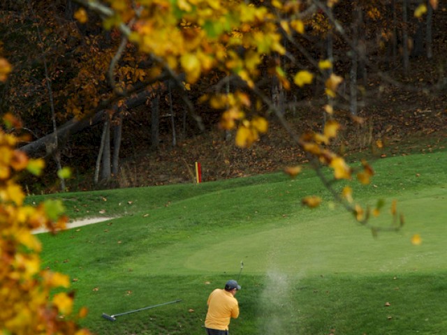 A golfer swings at a ball in a sand trap on a green course, surrounded by autumn trees with vibrant yellow leaves.