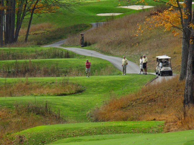 People are playing golf on a hilly course, with a golf cart parked nearby and trees surrounding the area.