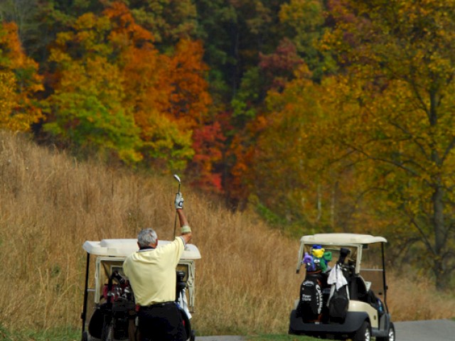 Two golf carts on a path, with vibrant autumn foliage in the background. One person is standing next to a cart holding a club.