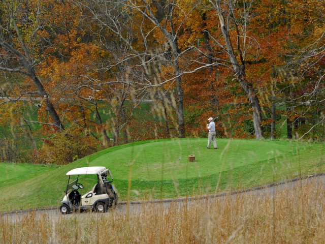 A person stands on a golf course with a golf cart nearby, surrounded by autumn trees and foliage in the background, creating a scenic view.
