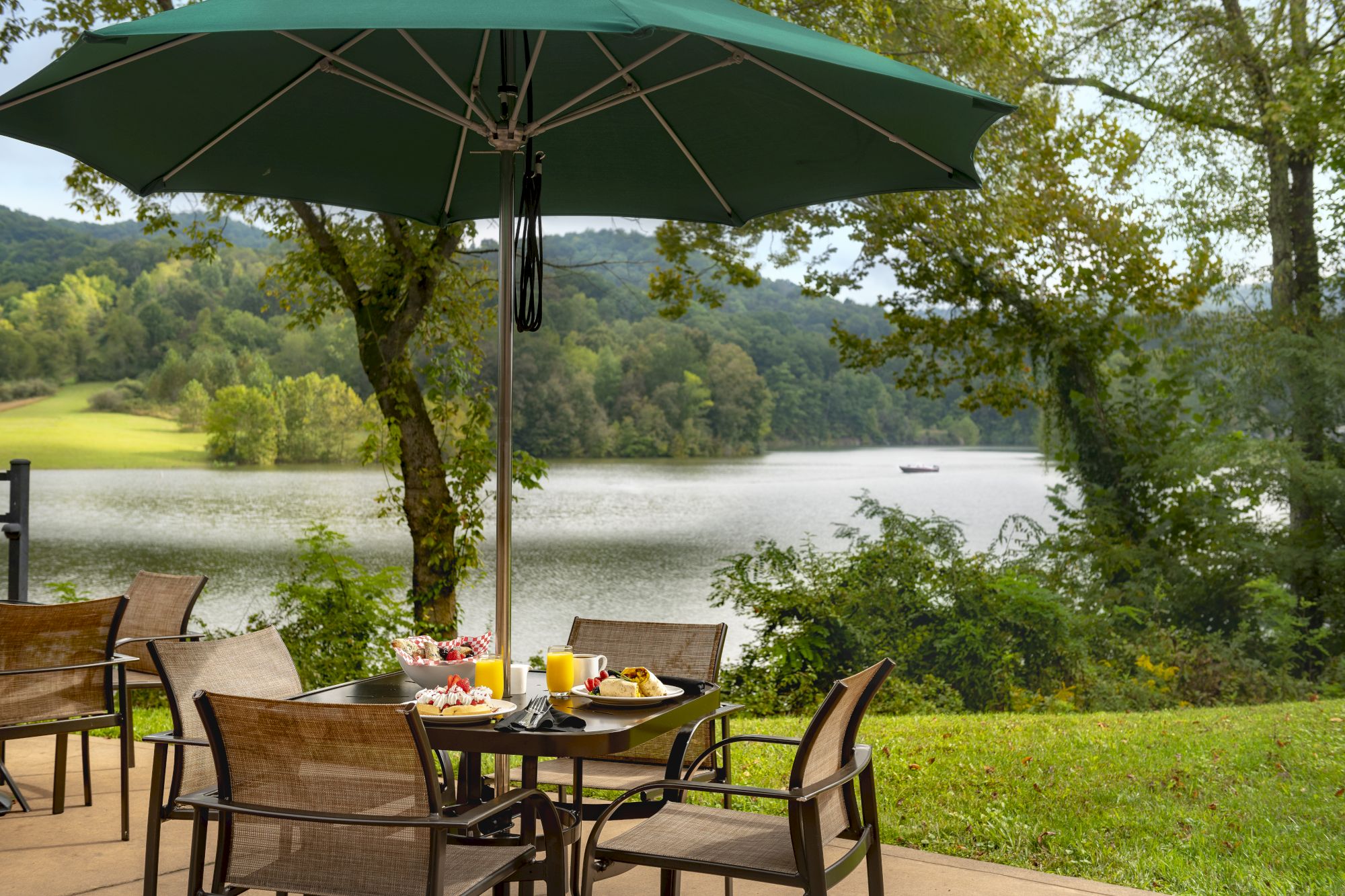 An outdoor dining setup with a table under a green umbrella, surrounded by chairs and overlooking a peaceful lake with trees and hills in the background.