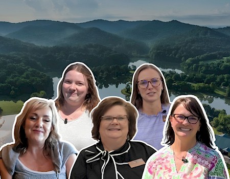 The image shows five women with a scenic lake and forested mountains in the background, all outlined in white.