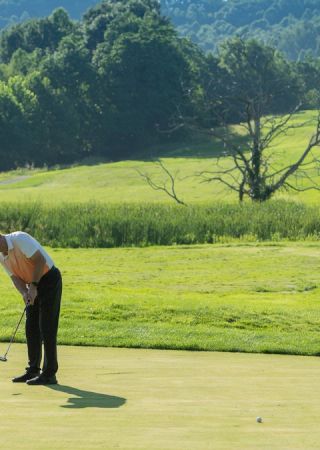 A person is putting on a golf course on a sunny day, with lush green trees and scenic hills in the background.