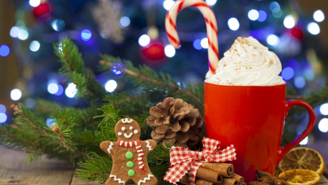 A red mug filled with whipped cream and a candy cane, surrounded by pinecones, cinnamon sticks, dried citrus, and a gingerbread man, set against Christmas lights.