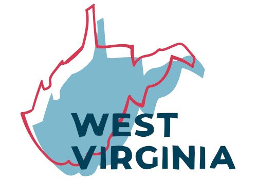 This image shows a stylized map of West Virginia with overlapping red and blue lines, and the text 