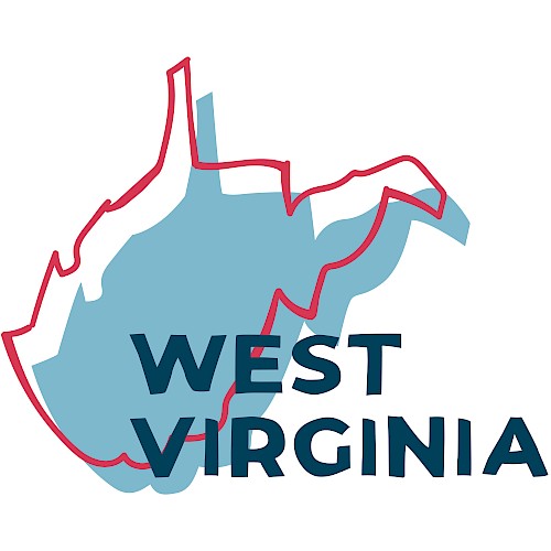 This image shows a stylized map of West Virginia with overlapping red and blue lines, and the text 