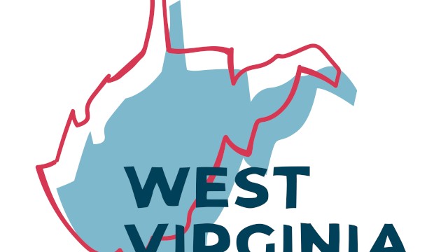 This image shows a stylized map of West Virginia with overlapping red and blue lines, and the text 