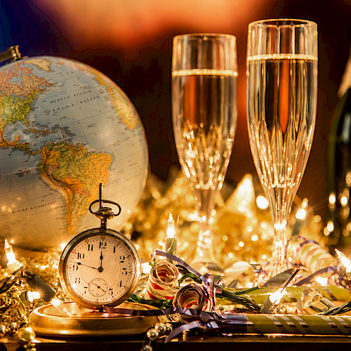 A globe, a stopwatch, two champagne glasses, a bottle of champagne, and holiday decorations with lights.