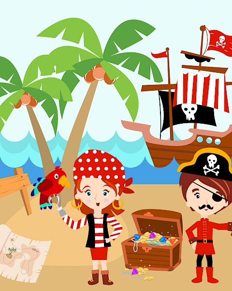 Two children dressed as pirates are on a treasure hunt with a pirate ship nearby and treasure chest on a tropical island.