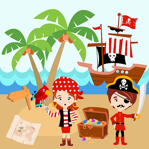 Two children dressed as pirates are on a treasure hunt with a pirate ship nearby and treasure chest on a tropical island.