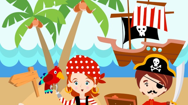 Two children dressed as pirates are on a treasure hunt with a pirate ship nearby and treasure chest on a tropical island.