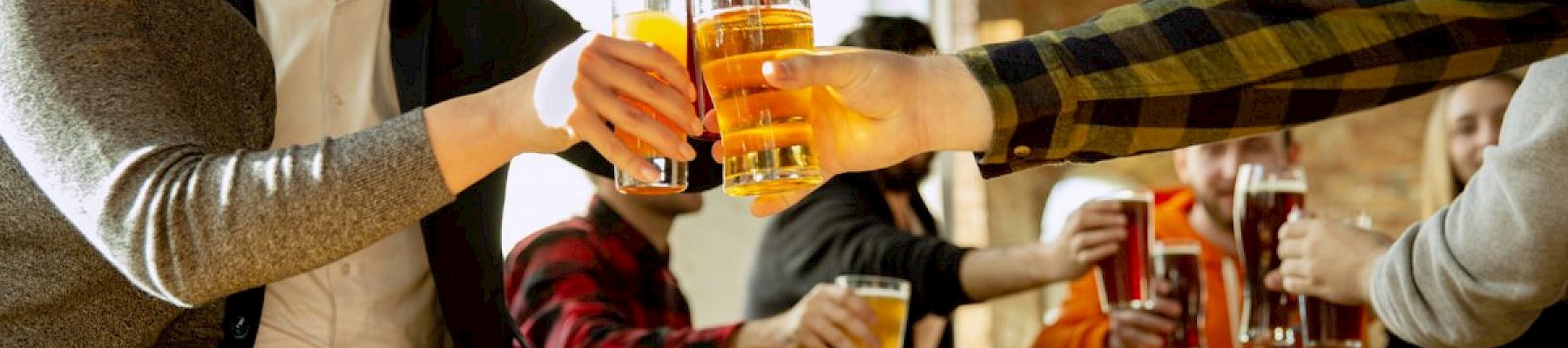 People cheer with drinks at a lively gathering or party, clinking glasses and enjoying food and beverages in a warm indoor setting.