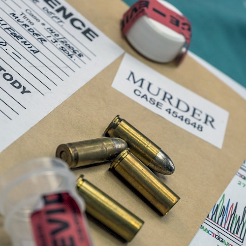 The image shows bullets, a crime scene tape, and a murder case note on paper.
