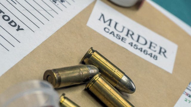 The image shows bullets, a crime scene tape, and a murder case note on paper.