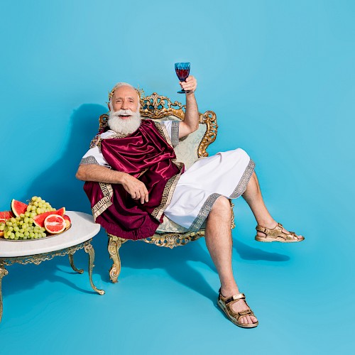 Older man dressed as a Roman emperor, sitting on a vintage chair, holding a glass of red wine with a tray of fruit beside him.