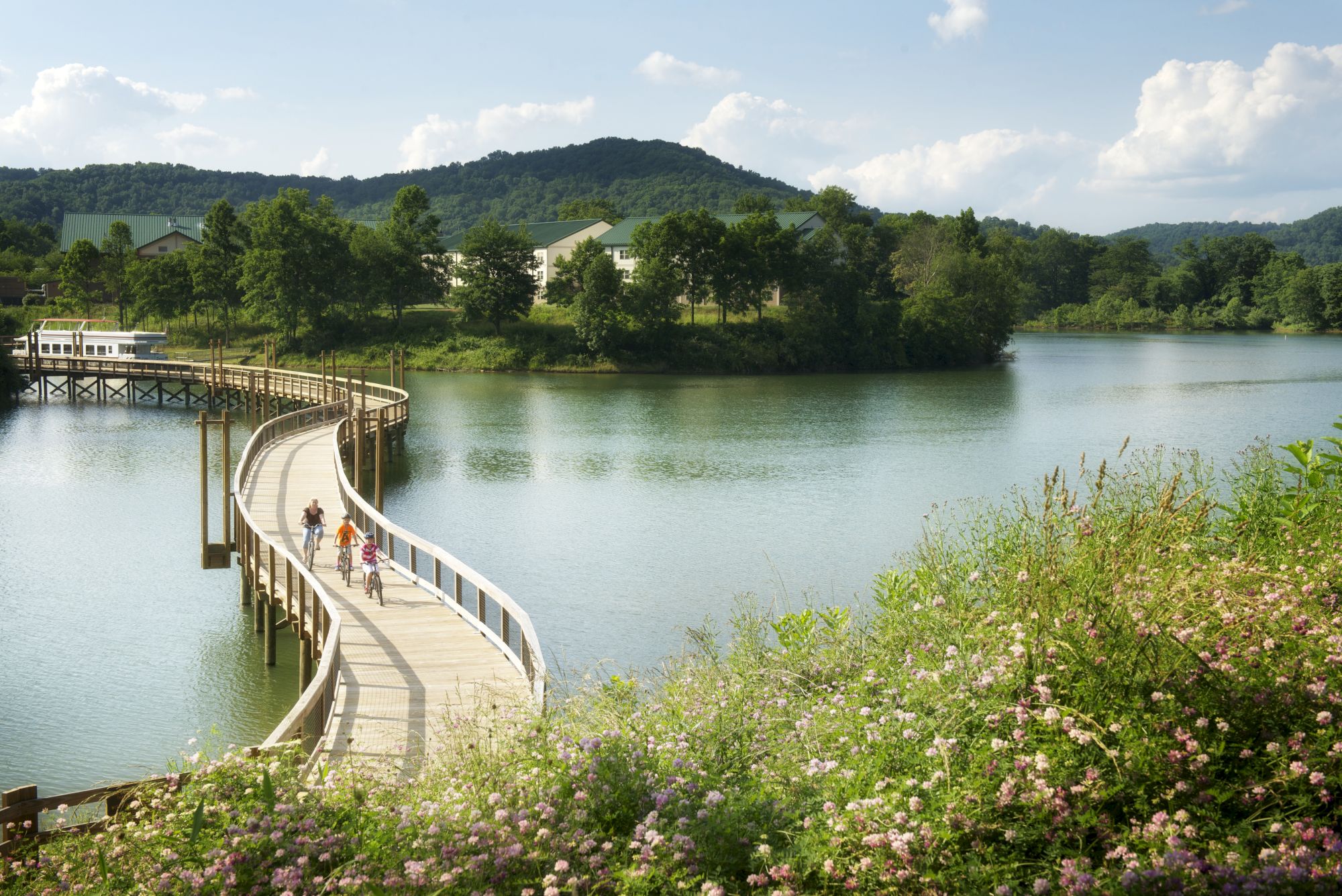 A scenic lakeside view features a curved wooden boardwalk with people, surrounded by lush greenery, hills, a lake, and flowers.