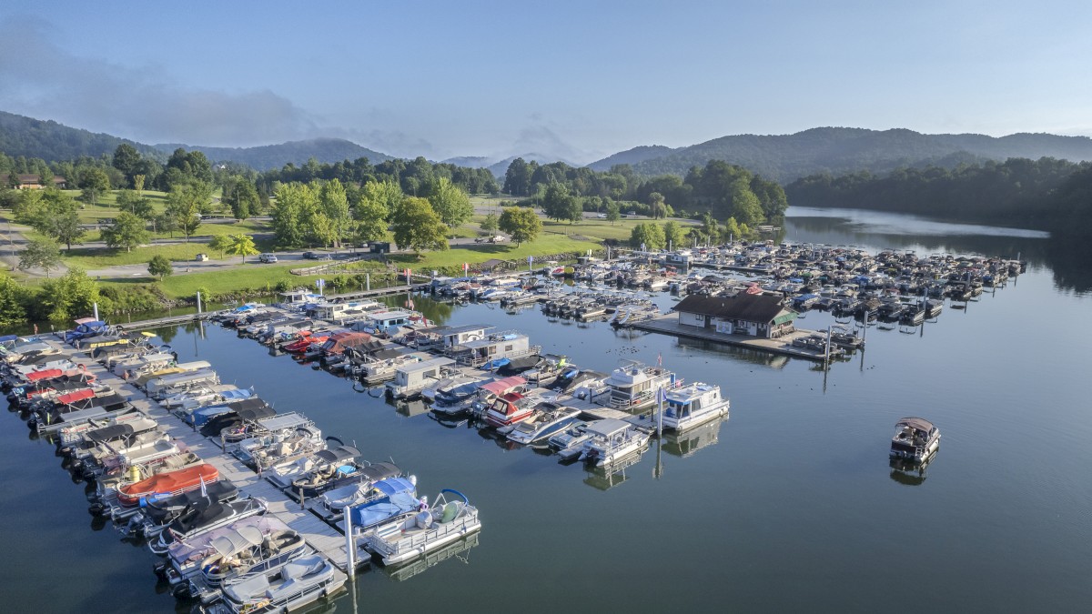 A peaceful marina with multiple boats docked on calm waters, surrounded by greenery and mountains under a clear blue sky.