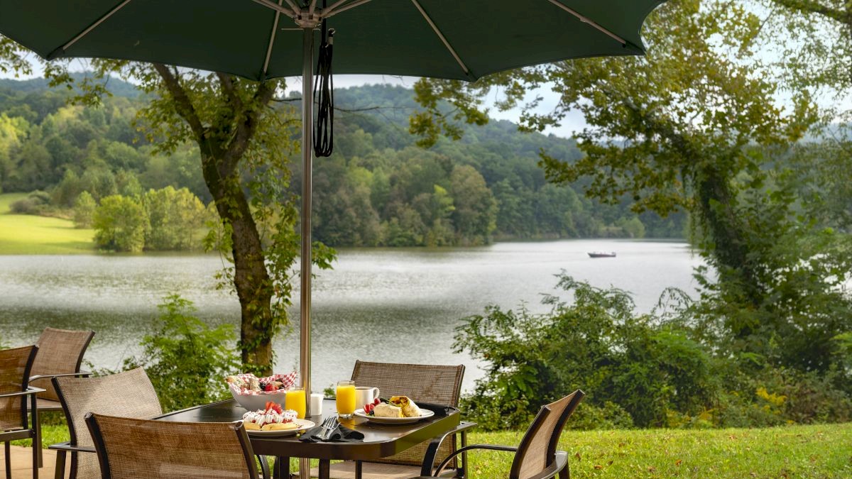 A lakeside dining setup with a green umbrella, food on the table, and four chairs, surrounded by lush greenery and a serene water view.