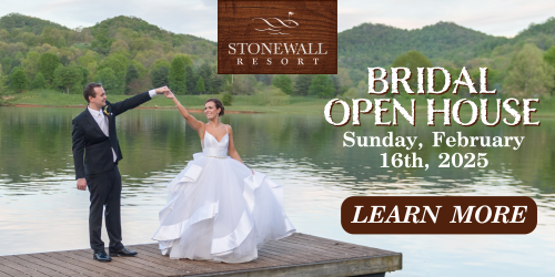 A couple stands by a lake, promoting a bridal open house at Stonewall Resort on February 16th, 2025. 