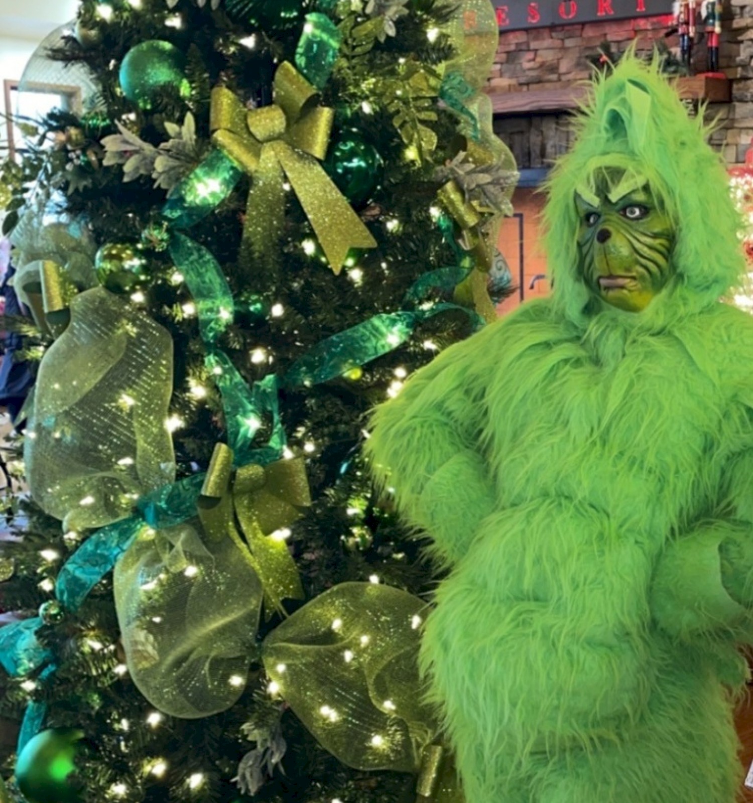 A Christmas tree with green and gold decorations beside a person in a bright green Grinch-style costume, inside a cozy wooden room.