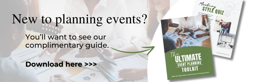 The image promotes a complimentary event planning guide titled "The Ultimate Event Planning Toolkit," with a download option and additional resources.