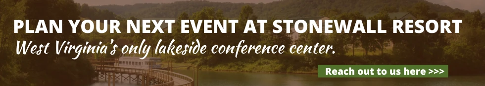 Advertisement for Stonewall Resort, promoting it as West Virginia's only lakeside conference center with a call to action: "Reach out to us here >>>".