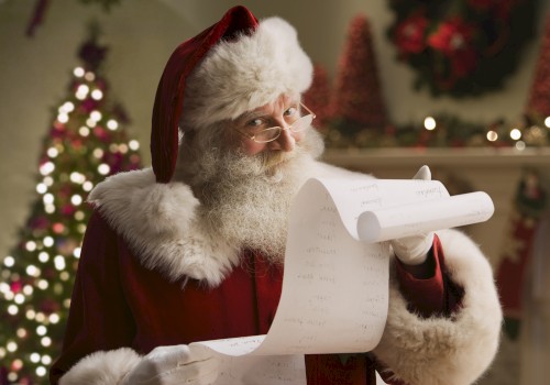 A person dressed as Santa Claus is holding a long list, with a decorated Christmas tree and festive background visible.