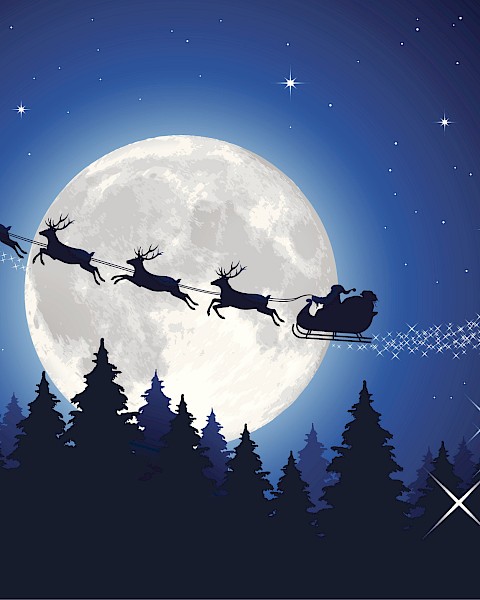 The image depicts Santa Claus flying in a sleigh pulled by reindeer across the night sky, with a full moon in the background and stars twinkling.