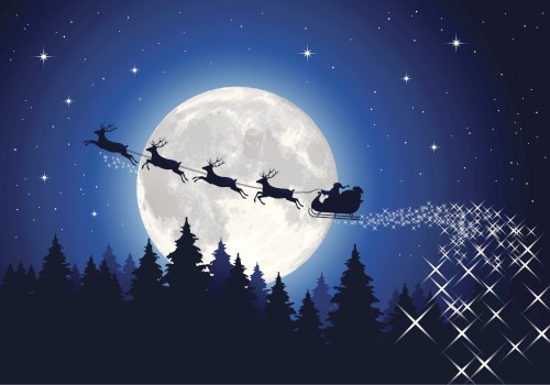 The image depicts Santa Claus flying in a sleigh pulled by reindeer across the night sky, with a full moon in the background and stars twinkling.