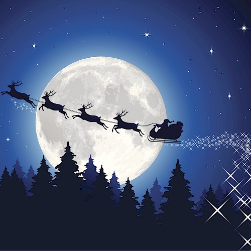 The image depicts Santa Claus flying in a sleigh pulled by reindeer across the night sky, with a full moon in the background and stars twinkling.