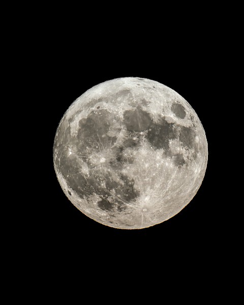 The image shows a clear, detailed view of the full moon set against a dark background. The surface features and craters are visible.