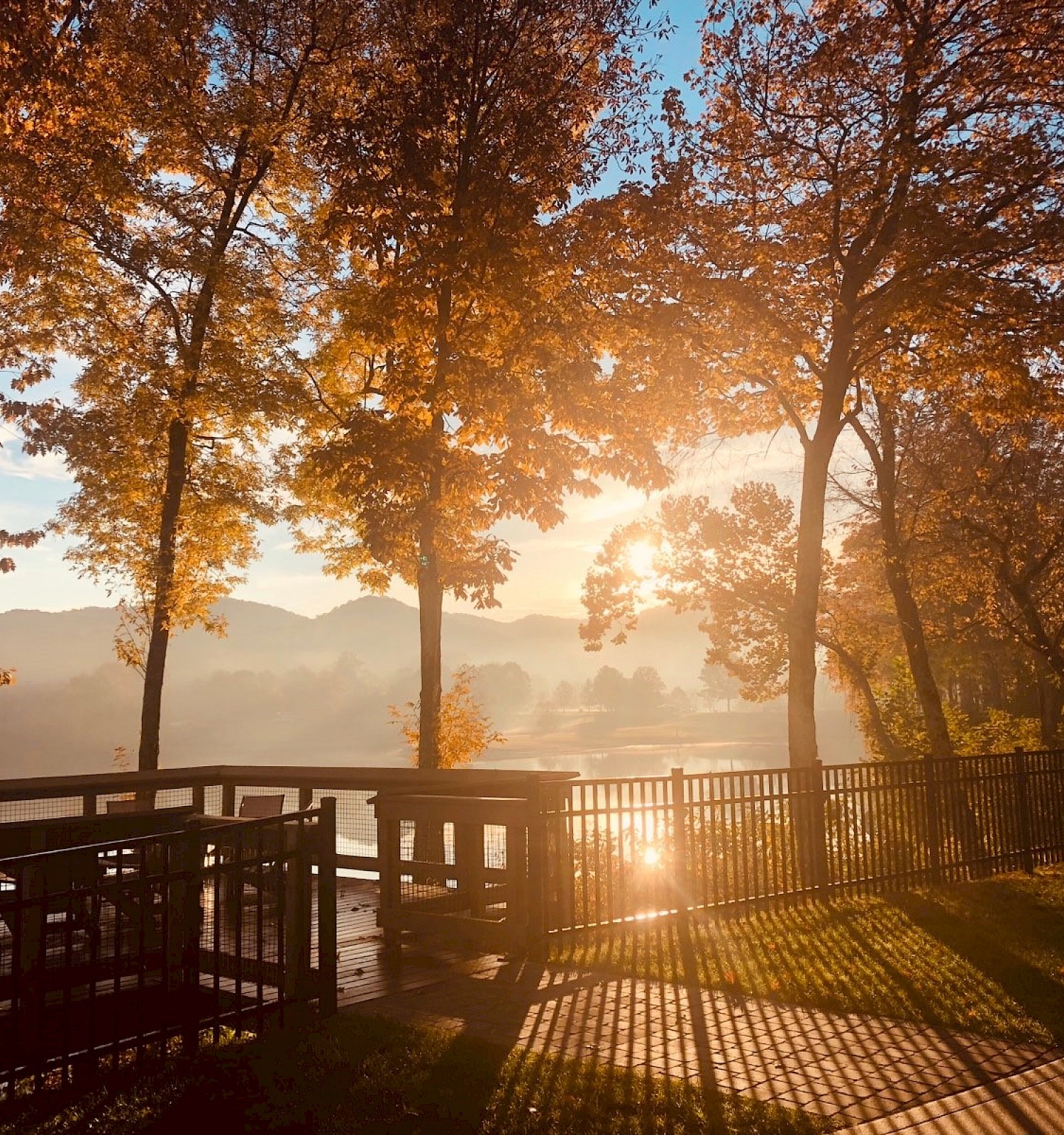 A sunlit park scene with autumn trees, a wooden deck, and a railing overlooking a calm lake, creating a peaceful and warm atmosphere.