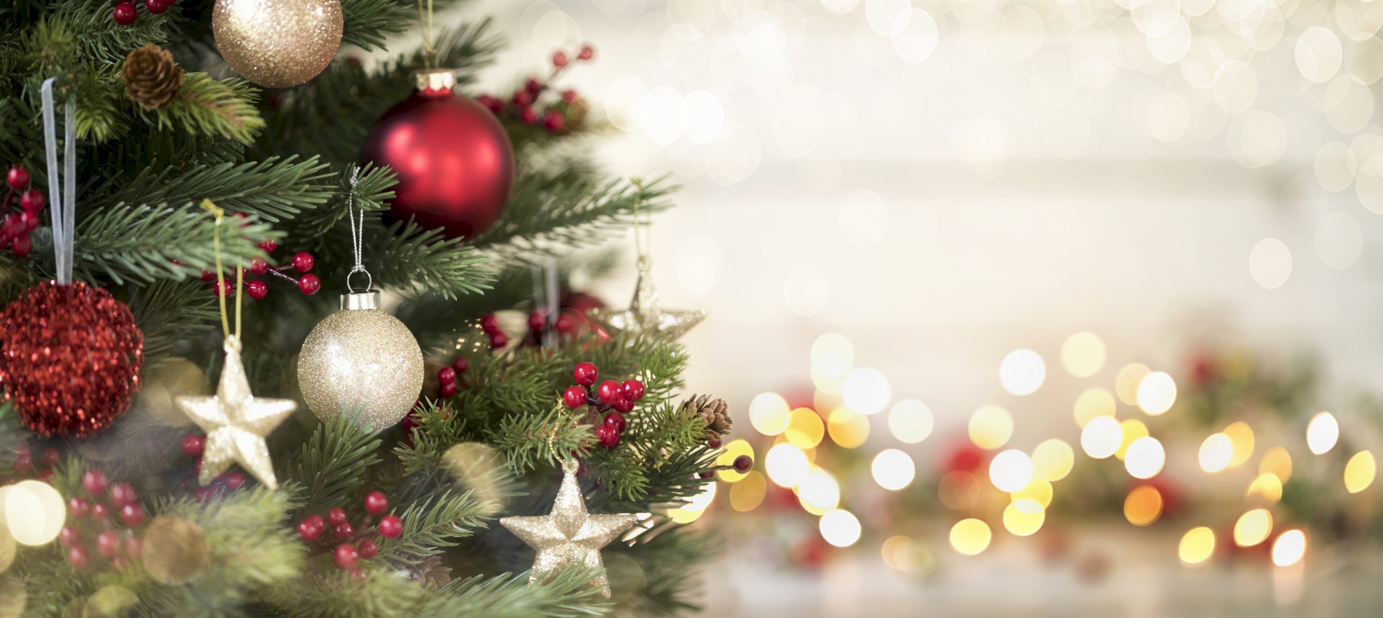 A decorated Christmas tree with red and gold ornaments, star decorations, and twinkling lights.